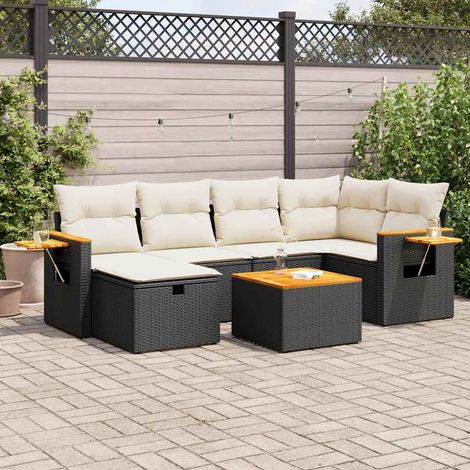 Ensemble jardin 7 pièces résine tressée noir avec coussins crème - Table extensible verre trempé - Salon d'extérieur modulaire (1/5)