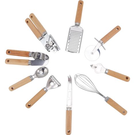 Lot de 9 ustensiles de cuisine créatifs avec manche en bois, couteau à fromage, râpe, roulette à pizza, kit pour terrasse et pique-nique, acier inoxydable (coffret cadeau) (1/5)