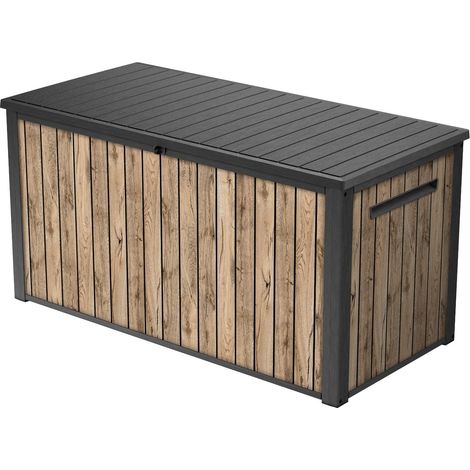 Keter Scatola da giardino Sierra 643L 144 x 67 x 73 cm plastica effetto legno (pino) coperchio con molle a gas chiudibile a chiave (1/5)