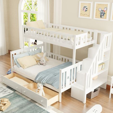 Lit enfant 90200/140200cm, Lit Superposé en Bois Massif Avec Escalier de Sécurité, deux Grands Tiroirs Et Sommier à Lattes, Blanc OKWISH