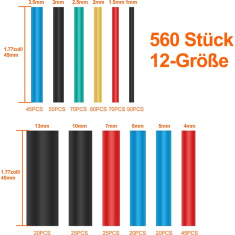 560 gaines thermorétractables, étanches, 12 tailles/5 couleurs, pour isolation de câbles (1/5)