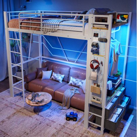 Cama alta 90x200 cm de metal y MDF, blanca, con 4 cajones, estantes, barra, LED, USB y TYPE-C (1/5)