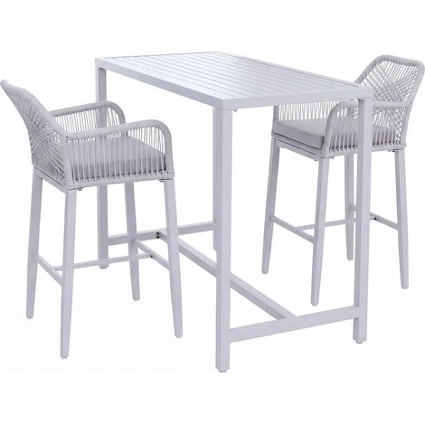 Set tavolo + 2 sgabelli da bar HHG-294, sedie tavolo alto, con cuscino da esterno metallo intreccio, grigio chiaro
