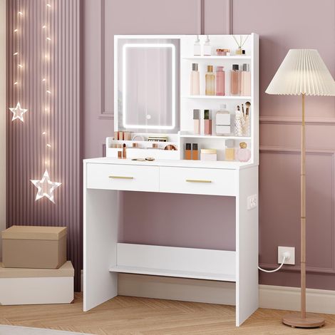 Coiffeuse enfant avec éclairage LED réglable – 2 prises AC et 2 ports USB – 2 tiroirs et miroir haute définition – Dimensions 40x80x140 cm (1/5)