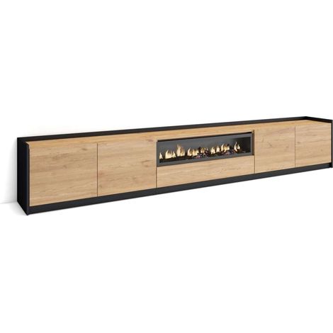 Mueble TV Cútar-02 de 310x50x37 cm con chimenea eléctrica, color roble y negro (1/4)
