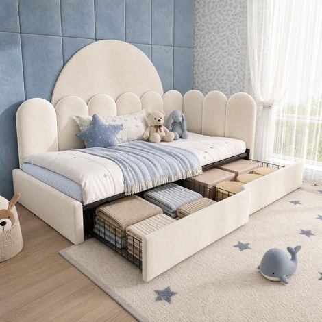 Letto singolo imbottito con 2 cassetti e rete a doghe, 90 x 190 cm, velluto beige REDOM (1/5)