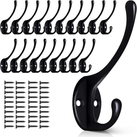 Lot de 20 crochets muraux noirs pour suspendre les vêtements, crochets métalliques à fixer au mur, crochets doubles rétro robustes H-WELLNGS (1/5)