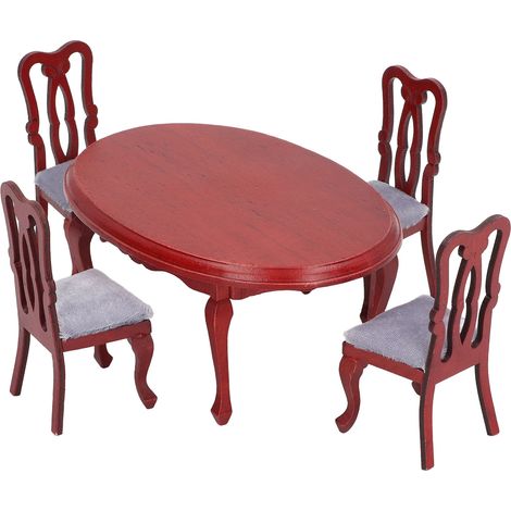 Ensemble de Table et Chaises Miniatures 1:12 en Bois Rouge Artisanal pour Maison de Poupée, Décoration d'Intérieur (1/5)