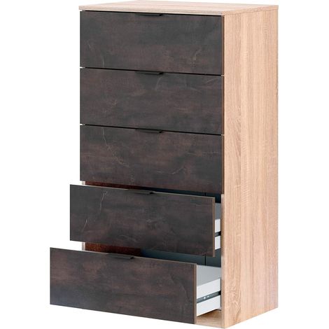 Comò Alto 5 Cassetti Sinfonier Stile Industriale Comodino Mobile Contenitore Salvaspazio Moderno Camera Da Letto Ingresso Stanza Arredo Burgos 110 x 60 x 40 Cm Rovere E Ossido