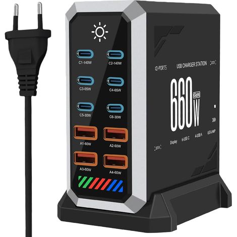 Chargeur USB-C 660 W à 10 ports : adaptateur de charge rapide avec GaN III et PD 3.1, avec 6 ports USB C + 4 ports USB A PD PPS 140 W. (1/5)