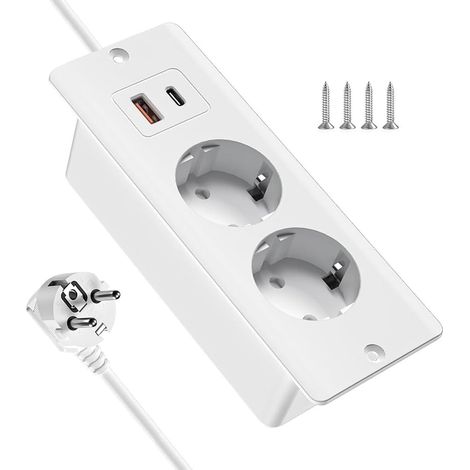 Prise Multiple, Multiprise Encastrable, Prise de Table avec 2 Type C et 1 USB A, 4 en 1 Prise Encastrée, Multiprise pour Bureau, Maison, Plan de Travail et Table de Canapé, Câble de 2m (1/5)