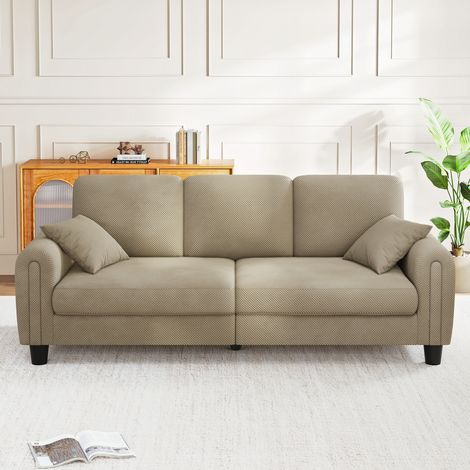 Divano a 3 posti in tessuto testurizzato,struttura in legno massello,design moderno,comodo divano da soggiorno,215x80x86cm,beige cammello (1/5)