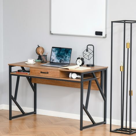 Moderner Schreibtisch im Industriestil aus Metall und MDF mit Regalen und Schublade für Zuhause und Büro, 120 x 60 x 76 cm, Schwarzbraun