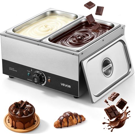 VEVOR Máquina para Derretir Chocolate 1200 W 2 Tanques, Fundidora de Chocolate de Acero Inoxidable, Rango de Temperatura de 30°C a 85°C, Sistema de Calentamiento por Baño de Agua, para Queso y Leche