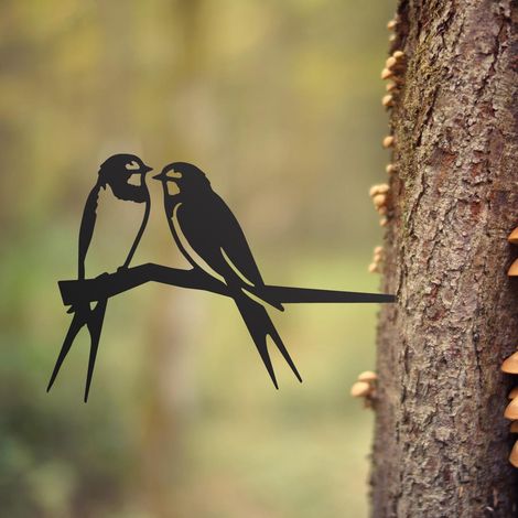 Paire d'hirondelles en acier noir, couple d'oiseaux en métal, décoration de jardin, silhouette d'oiseau en métal, ornement de jardin (1/5)