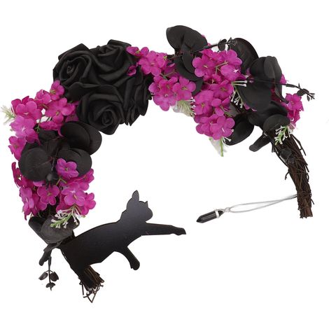 Couronne d'Halloween créative avec chat noir et lune, guirlande décorative pour porte d'entrée ou couloir (1/5)