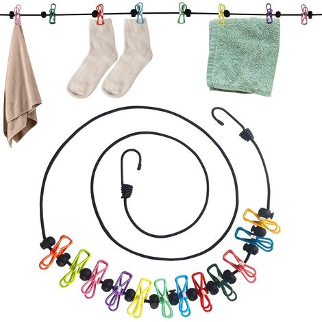 Étendoir à linge rétractable, portable et idéal pour les voyages, le camping et les activités de plein air. Il est doté de 12 pinces et de 13 boucles fixes, et est antidérapant. (1/5)