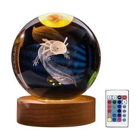 Veilleuse en forme de boule de cristal avec support en bois, boule de cristal 3D Axolotl avec base lumineuse LED 16 couleurs, télécommande pour chambre à coucher, décoration d'intérieur (8 cm) (1/5)