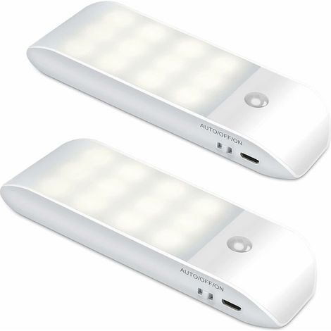 Veilleuse LED automatique, lampe de placard rechargeable USB à 12 LED avec détecteur de mouvement et bande adhésive magnétique, 3 modes (auto/marche/arrêt) pour chambres, escaliers, armoires, couloirs