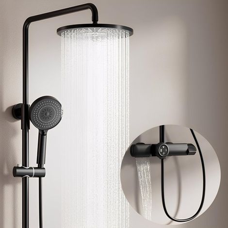 Colonne de Douche avec Mitigeur Thermostatique Noir, 3 Fonctions Système de Douche Ensemble de Douche en Laiton Réglable en Hauteur avec 26cm Pommeau de Douche, Douchette Système de Douche Murale (1/5)