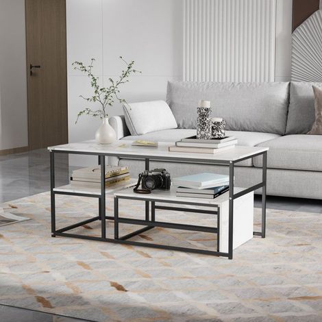 Couchtisch Set - Skandinavischer Stil - Weiße Marmor-Optik - Schwarze Metallbeine - 2 stapelbare Teile