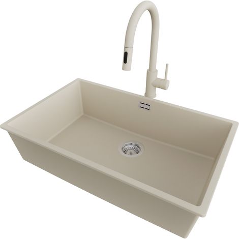PRIMAGRAN Evier Cuisine en Granit 76x47cm,Lavabo 1 bac + Robinet 40x20cm + Kit de Vidage, Évier à Encastrer au meuble 80cm - London Slim, Beige (1/5)