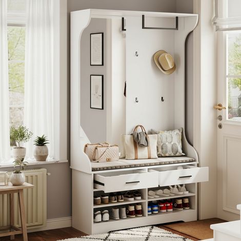 Set di mobili per ingresso, appendiabiti con specchio, 4 ganci, barra per abiti, 2 cassetti di stoccaggio, mobile per scarpe e panca imbottita - Bianco
