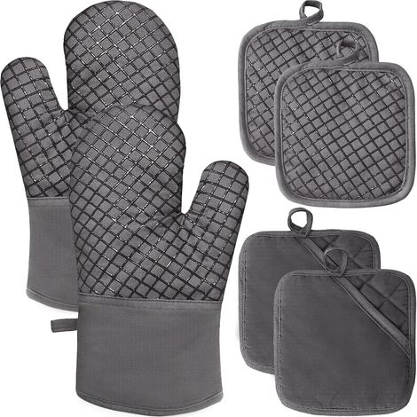 Juego de 4 manoplas y agarraderas para horno, resistentes al calor hasta 260 °C, de algodón grueso con superficie de silicona, para cocinar y asar a la parrilla, color gris. (1/5)