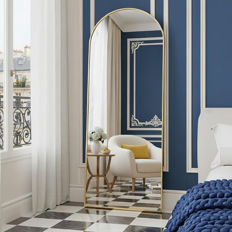 Eifson – Miroir sur pied 165x60 cm – Miroir incurvé avec cadre en aluminium – Installation facile – Protection anti-éclat HD – Doré