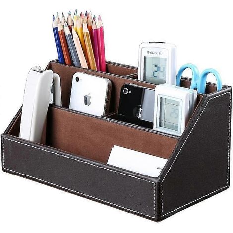 Organiseur de bureau multifonctionnel en cuir PU et bois, contenant plusieurs crayons. (1/5)
