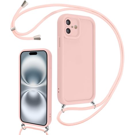 Coque pour iPhone 16 6,1" avec Cordon de Collier Réglable, Etui Protection de la Caméra Silicone Souple TPU Antichoc Housse avec Corde Lanyard Cover pour Femmes Filles, Rose (1/5)