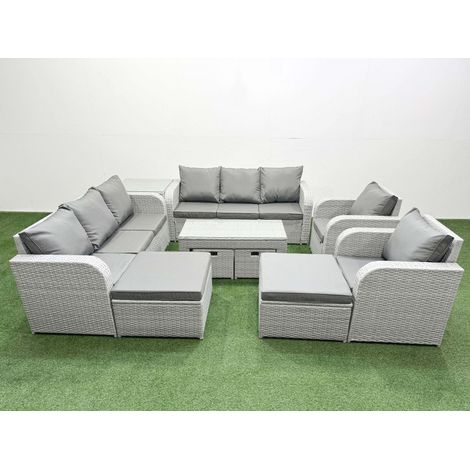 Fimous PE Wicker Rattan Furniture Sofa Sets with Oblong Coffee Table 3 Seater Sofa 4 Stools Side Table Light Grey (1/4)