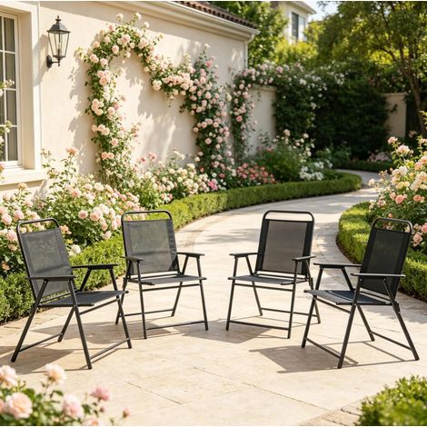 Set de 4 chaises de jardin pliantes en acier avec dossier haut et accoudoirs, pliables, noires (1/5)