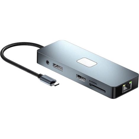 Hub BYL-2309 11 en 1 USB Tipo-C a HDMI/microUSB/VGA/RJ45/USB3.2/Jack 3.5mm/USB Tipo C 100W Plata (1/5)