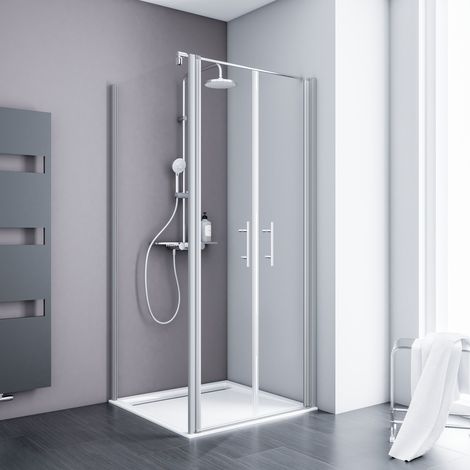 Portes de douche battantes + paroi de retour fixe, verre 5 mm transparent anticalcaire, profilé alu-argenté, Schulte, 90 x 90 x 193 cm