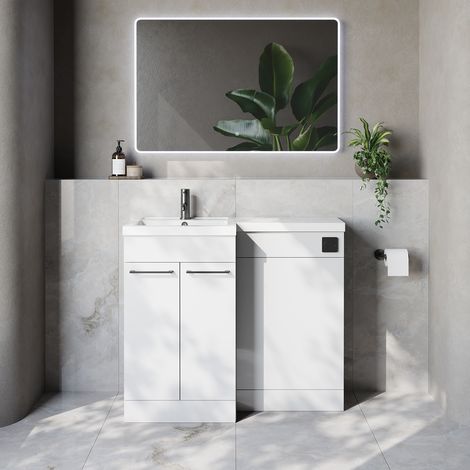 Napoli 390 Gloss White 1000mm 2 Door Vanity Unit Toilet Suite with Left Hand Square Lucia Basin - 1000mm - Gunmetal Grey 160mm HandleWithout Kingston Toilet Pan