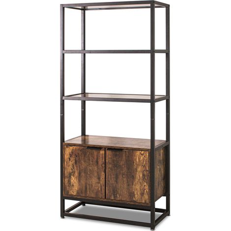 Edo - Libreria scaffale in stile industriale con 3 ripiani a vista e 2 ante, 76x33xH163 cm