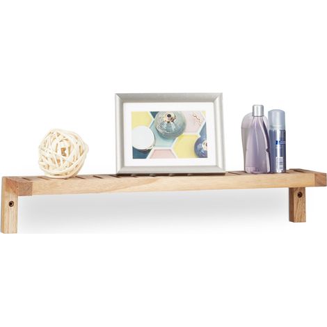 Relaxdays Walnut Wall Rack, Hanging Shelf, Wooden Shelving Unit, for Bathroom, Kitchen, Kid’s Room, HxWxD: 10 x 60 x 12.5 cm, Natural (1/4)