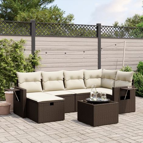 Salon de Jardin 7 Places en Résine Tressée Marron avec Table Verre, Coussins Blanc Crème - Canapé Modulaire Extérieur 6 Pièces (1/4)