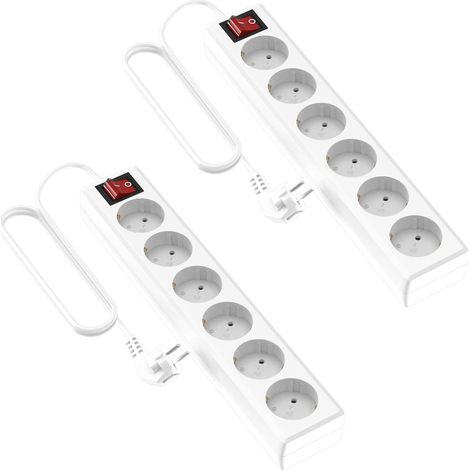 Garza - Pack de 2 Regletas de 6 enchufes con interruptor y toma de tierra Ladrón múltiple de 1.4 metros Hasta 3680W Protección infantil Cable H05W-F 3G Color blanco (1/2)