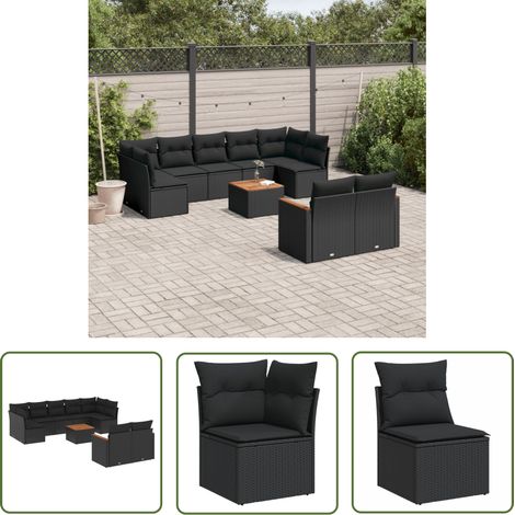 The Living Store Salon de jardin 10 pcs avec coussins noir résine tressée - Ensemble Salon De Jardin - Mobilier Extérieur - Jardin Design - Chaise Lounge - Table Basse (1/5)