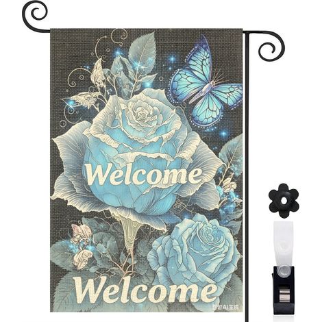 Bannière de cour papillons bleus et roses bleues 30 x 45 cm décoration extérieure et saisonnière (1/5)