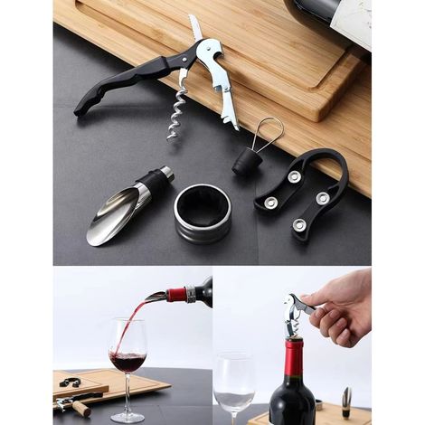 TrAdE Shop Traesio - Set Vino 5in1 Cavatappi Apribottiglie Multifunzione Anello Antigoccia Tappo Versatore - (1/5)