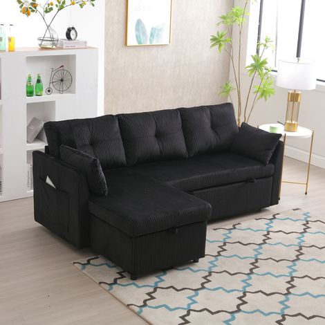 Multifunktionales 3-Sitzer-Ecksofa mit Aufbewahrungsbox, Modernes Schlafsofa, 206x130x66-88cm, Schwarz