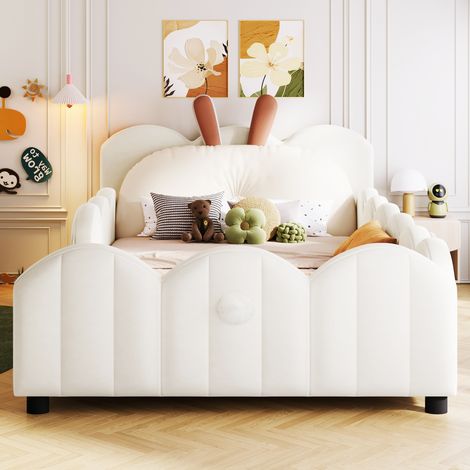 Lit à plateforme rembourré 90x200 cm avec oreillers décoratifs en forme de lapin, teinte beige (1/5)
