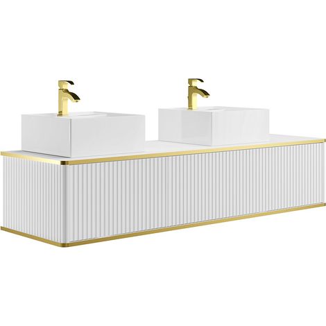 Meuble de salle de bain suspendu strié liseré doré 2 tiroirs avec double vasque à poser carrée - Blanc - 150 cm - KELIZA