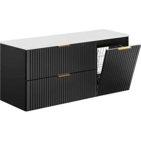 Furnidea - Meuble suspendu sous vasque ADEL NOIR 120 cm avec panier à linge et plan blanc - 2 tiroirs - Façades rainurées (1/5)