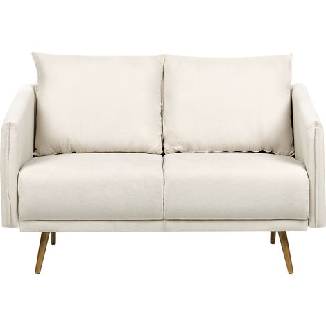 Sofá tapizado en tela beige 2 plazas respaldo acolchado asiento metal patas doradas retro glam Maura