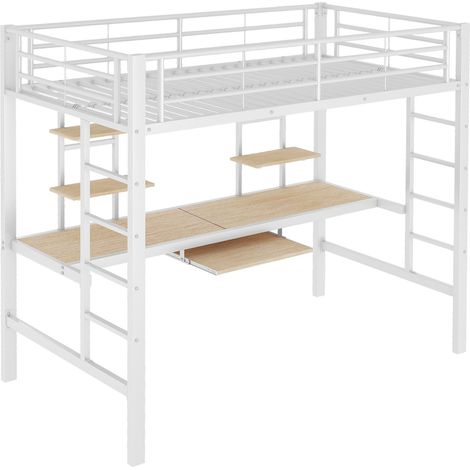 Cama alta 90 x 200 cm de metal y MDF con escritorio y 2 estantes blanca (1/5)
