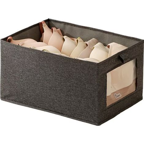 Boite de Rangement pour Penderie 2PCS Organisateur de Tiroir Pliable en Tissu Coton et Lin avec Fenêtre Transparente pour Vêtements, Lessive, Jouets, Livres 41x28x17cm Gris (1/2)